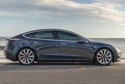 Tampa, Floride – 6 mars 2020 : Tesla Model 3 Performance garée le long de la plage, avec suspension rabaissée.